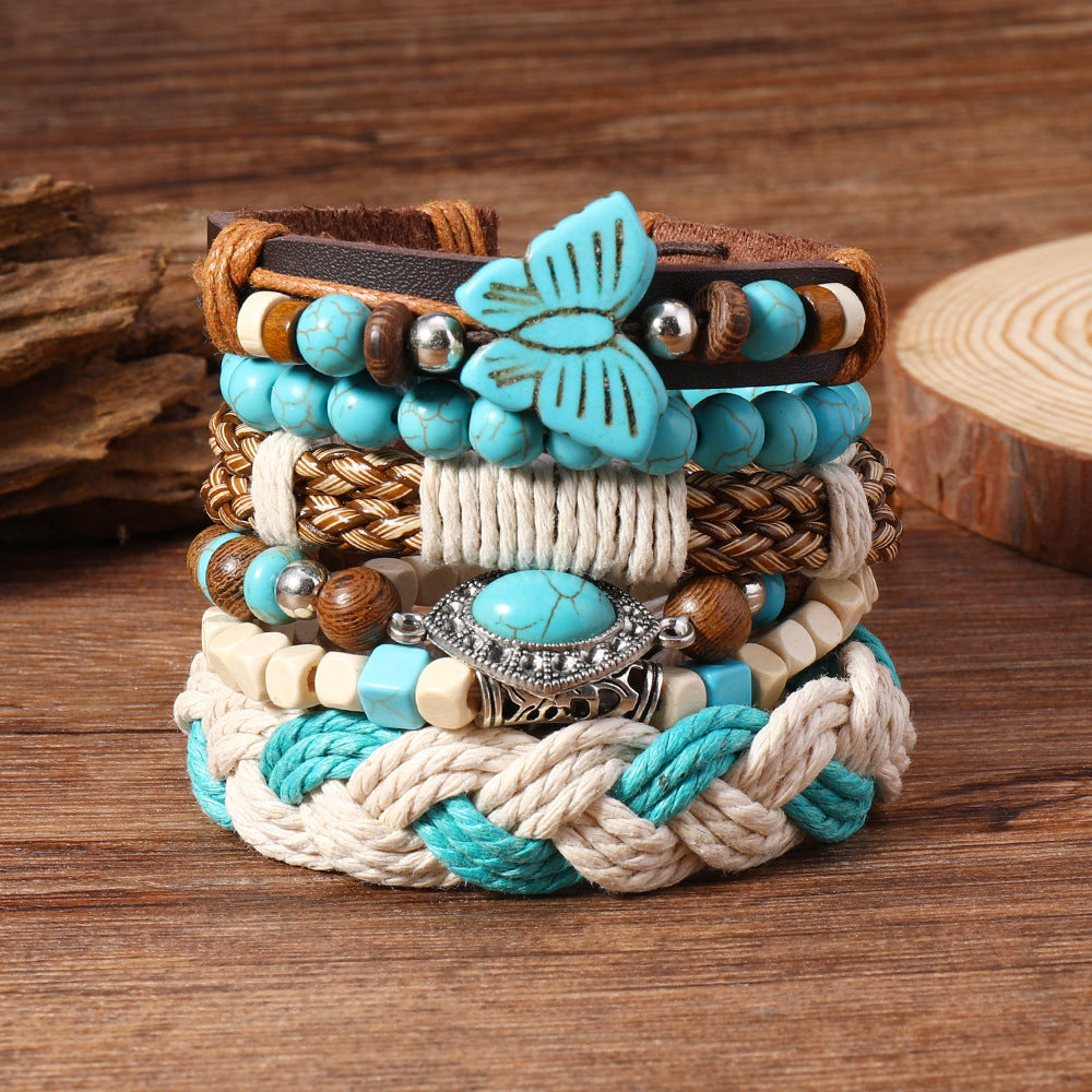 Wholesale Bohemian Men S Six Layer Leather Wood Bead Bracelet Butterfly Design Stylish Jewelry Accessory Everyday Party Gift For Boutique Resale