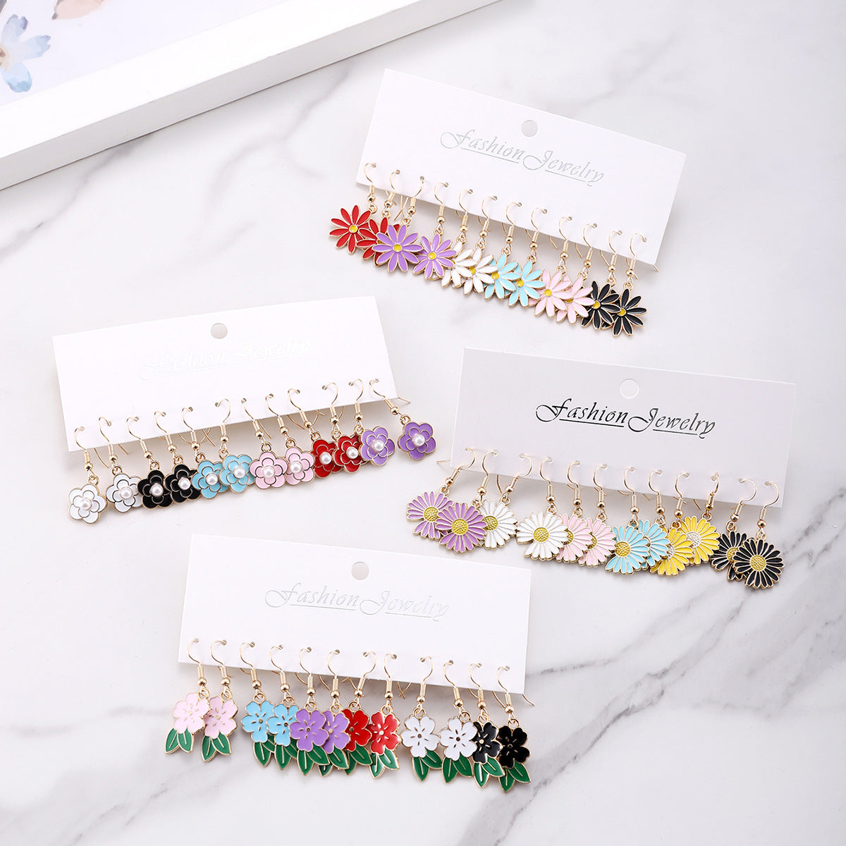 Wholesale Color Small Flower Oil Drop Pendant Earrings suit