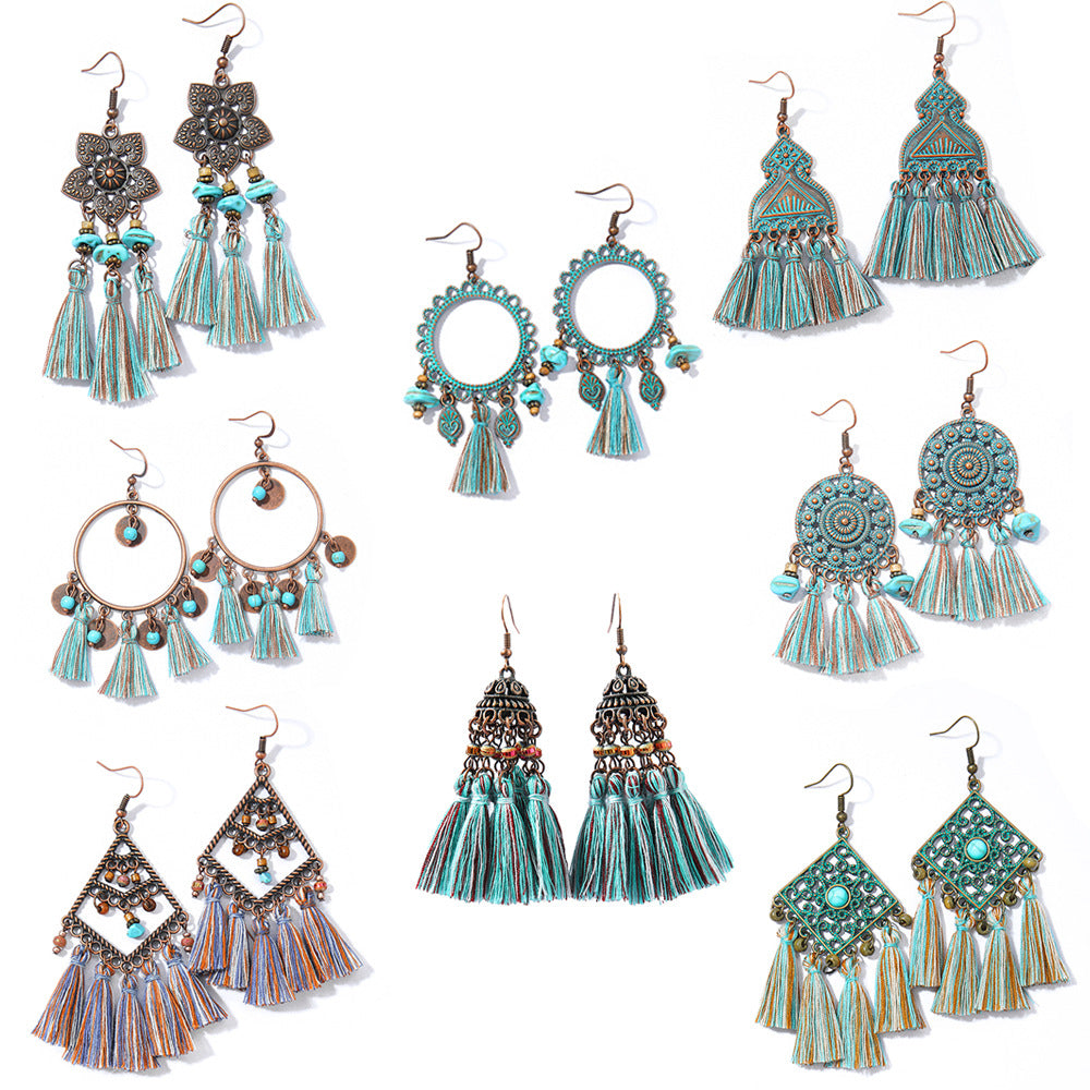 Wholesale Handmade Woven Tassel Earrings Bohemian Style Zinc Alloy Summer Beach Holiday Fashion Accessory