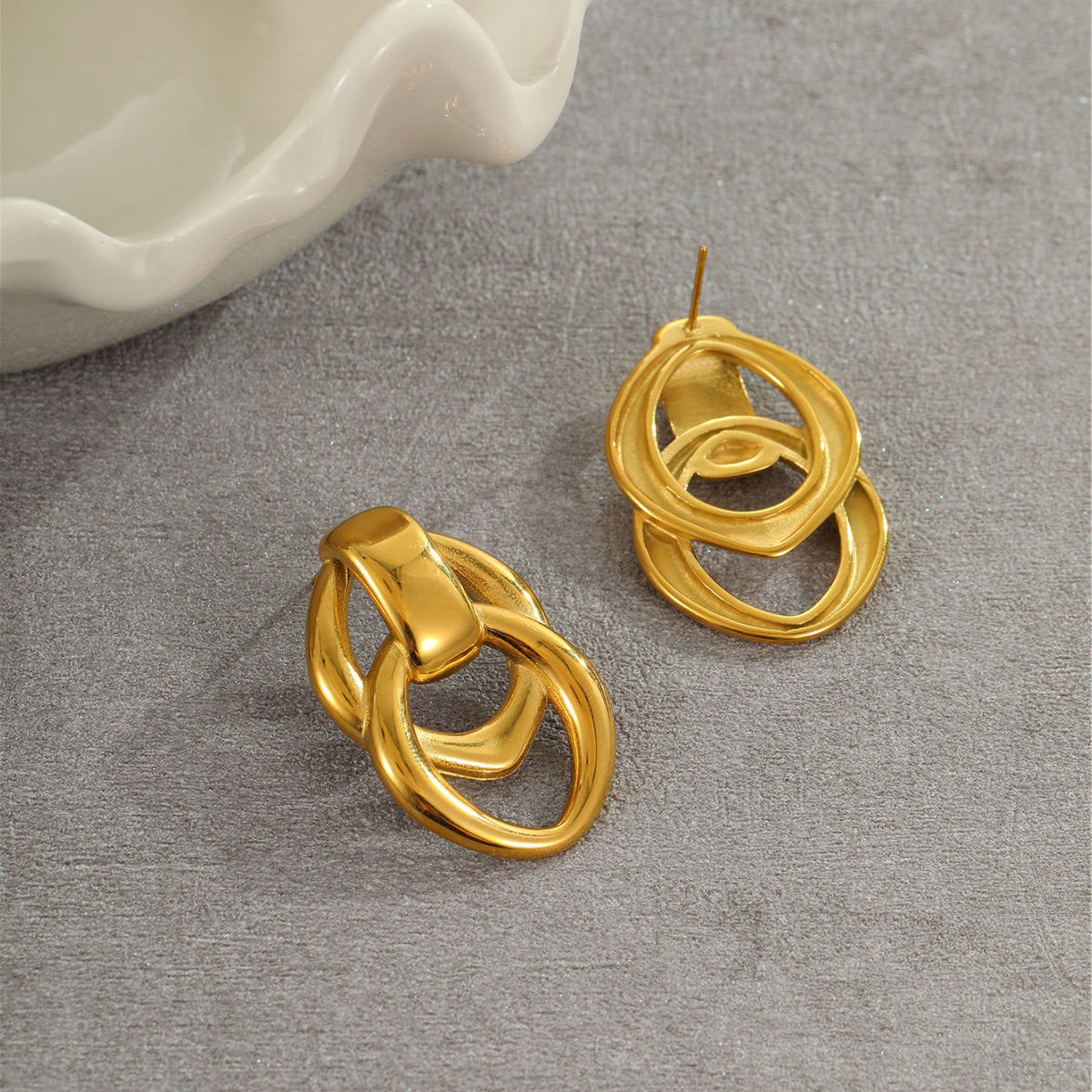 Wholesale  Golden Geometric Design Double-Ring Stainless Steel Earrings