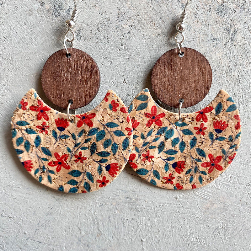 Wholesale Cork Printed Round Geometric Earrings Wood Leather Jewelry Gift