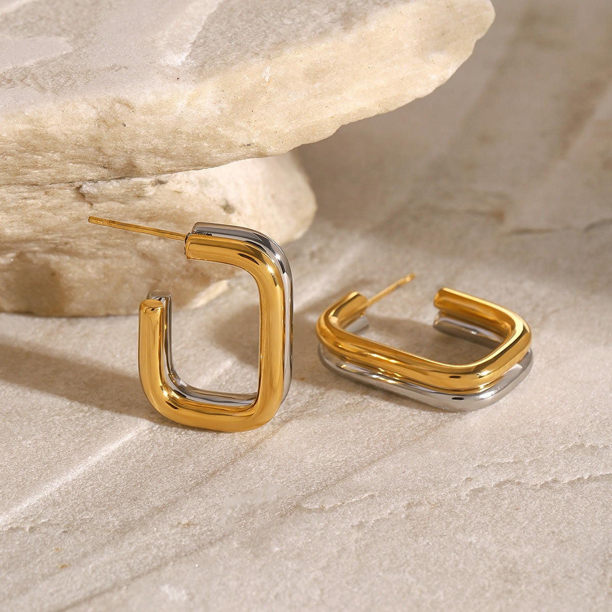 Wholesale  18K gold stainless steel gold and silver color matching square retro  earrings