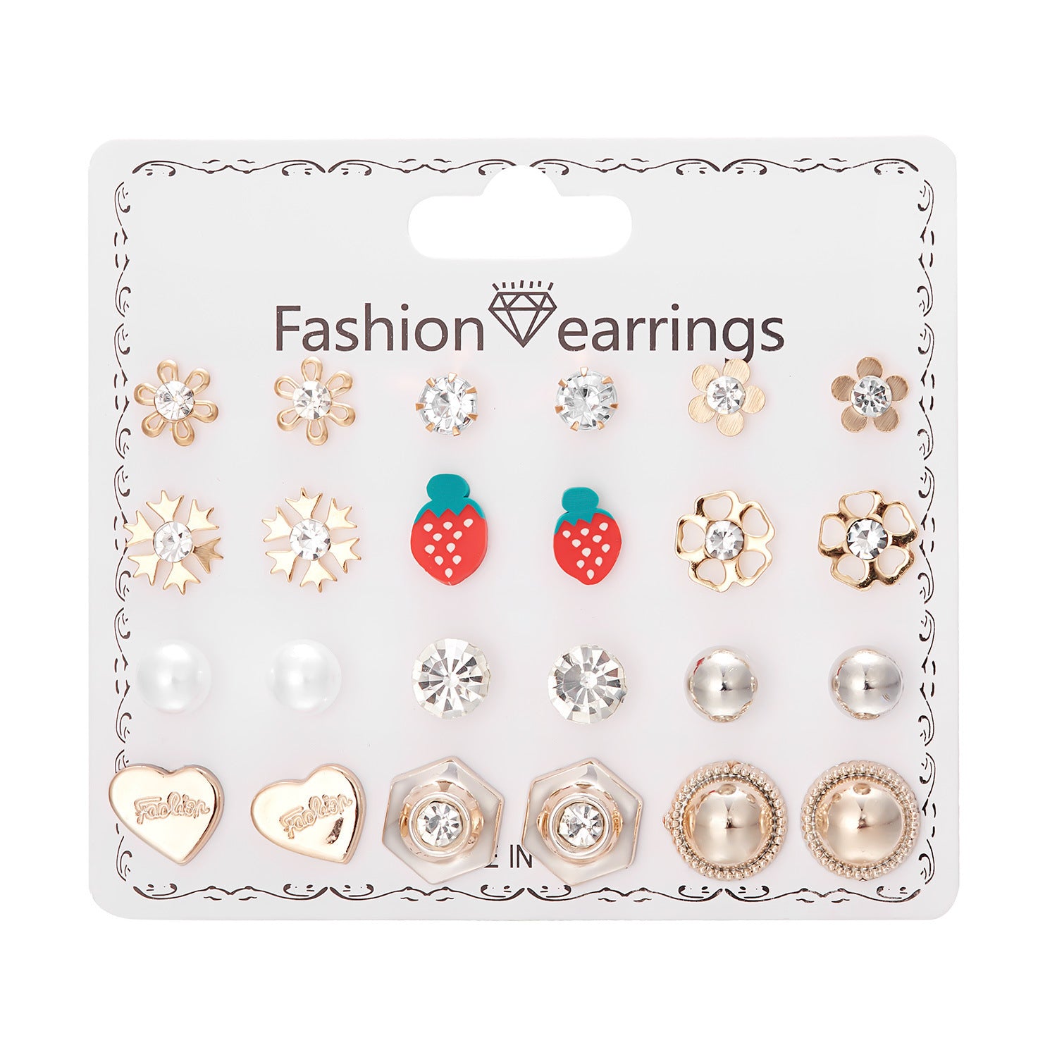 Wholesale month combination earrings 12 pairs of flowers love stars and moon diamond  earrings suit