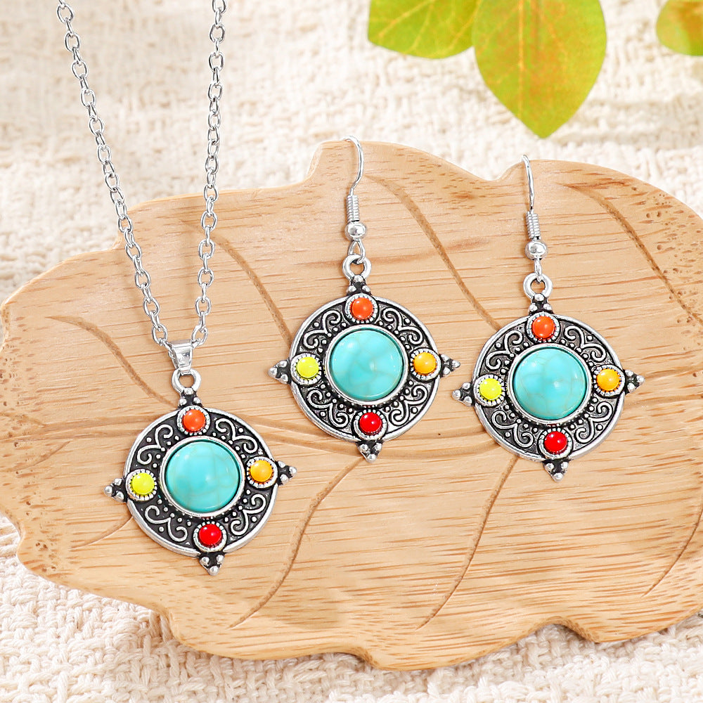 Wholesale Bohemian Retro Turquoise Necklace and Earrings Set - Ethnic Fashion Accessory Gift