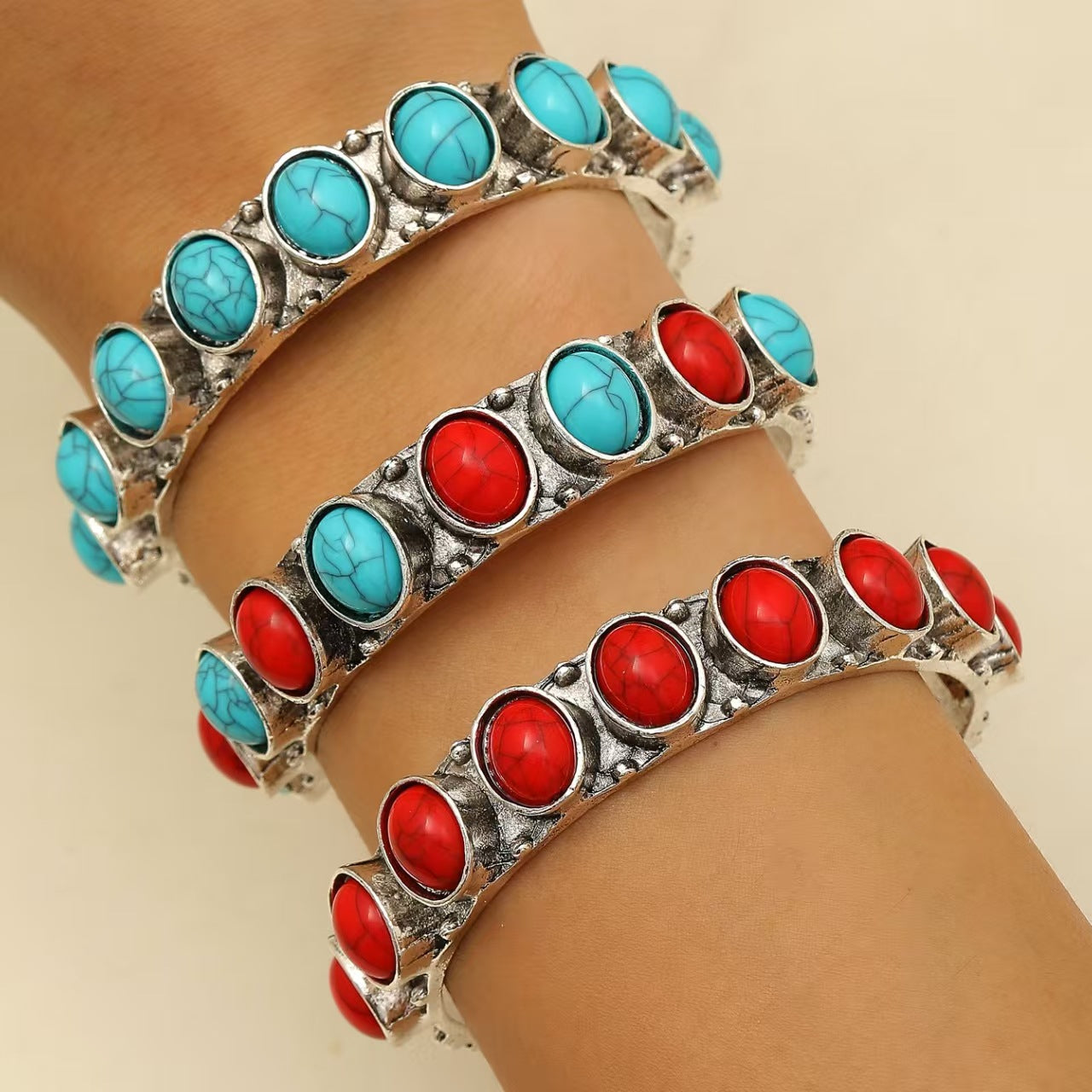 Wholesale Vintage Bohemian Bangle with Open Design and Turquoise Inlay