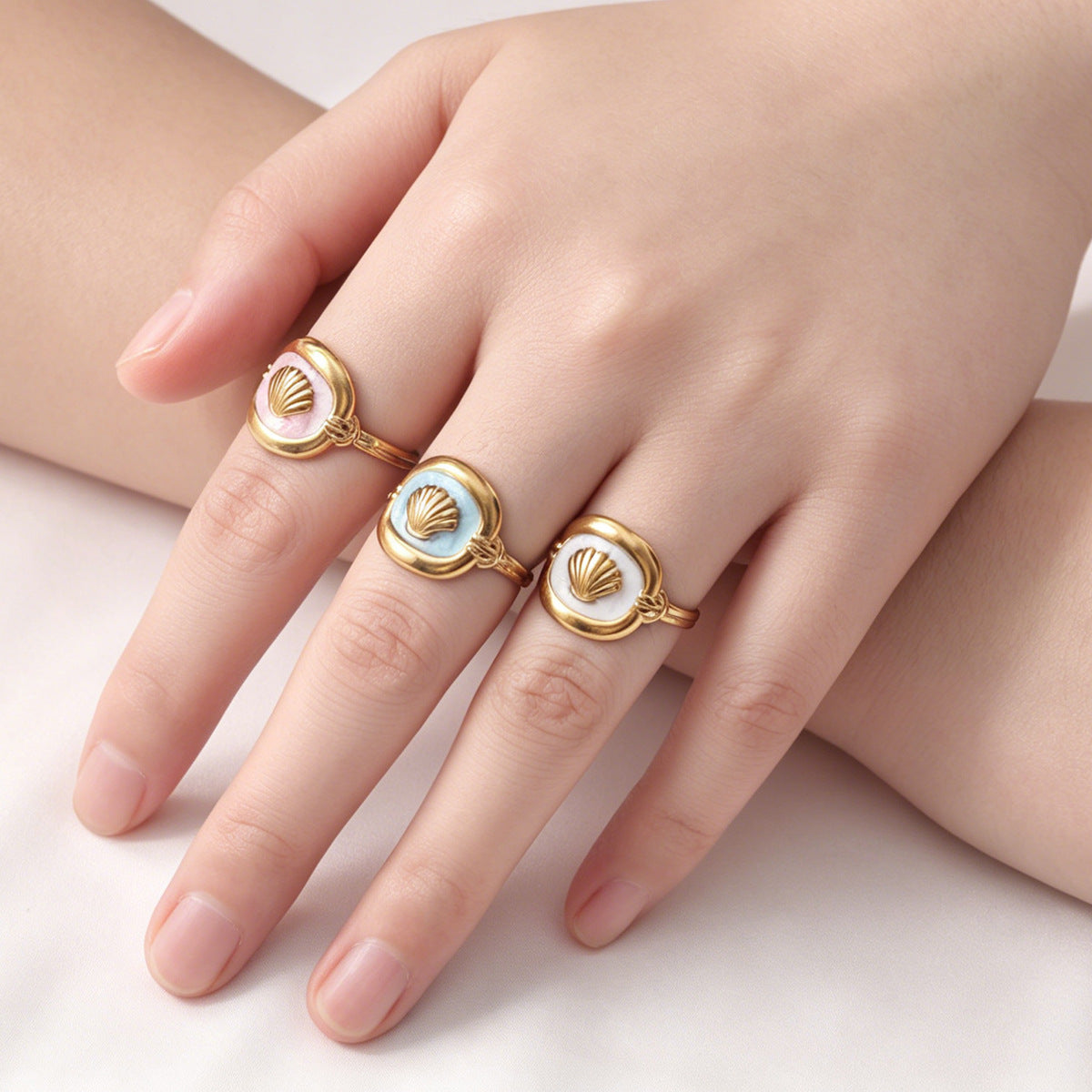 Wholesale Shell Flower Oil Drop Blue Ring Stainless Steel Women S Fashion Jewelry Accessory