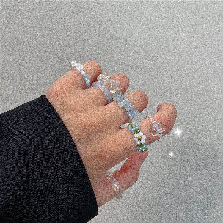 Wholesale Blue Beaded  Flower Ring