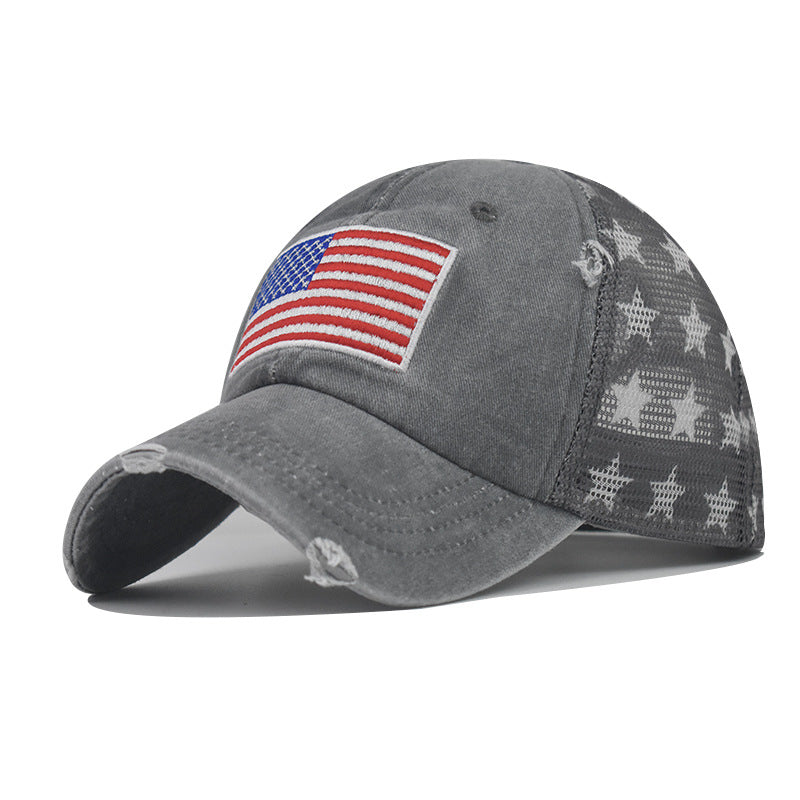 Wholesale Pure cotton washed hole five-pointed star American flag baseball cap