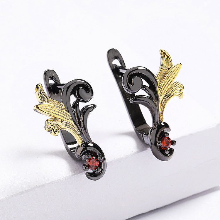 Wholesale  Retro Black Gold Two-color Ethnic Ginkgo Flower Ring Necklace Earrings Three-piece Set