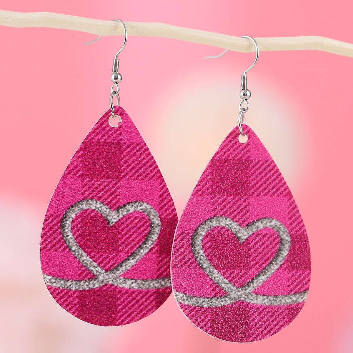 Wholesale Valentine's Day Plaid Love Water Drop Leather Double Sided Earrings