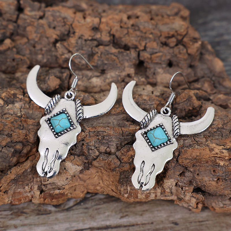 Wholesale Western Style Cow Head Turquoise Alloy Earrings ACC-ES-SaiPu003