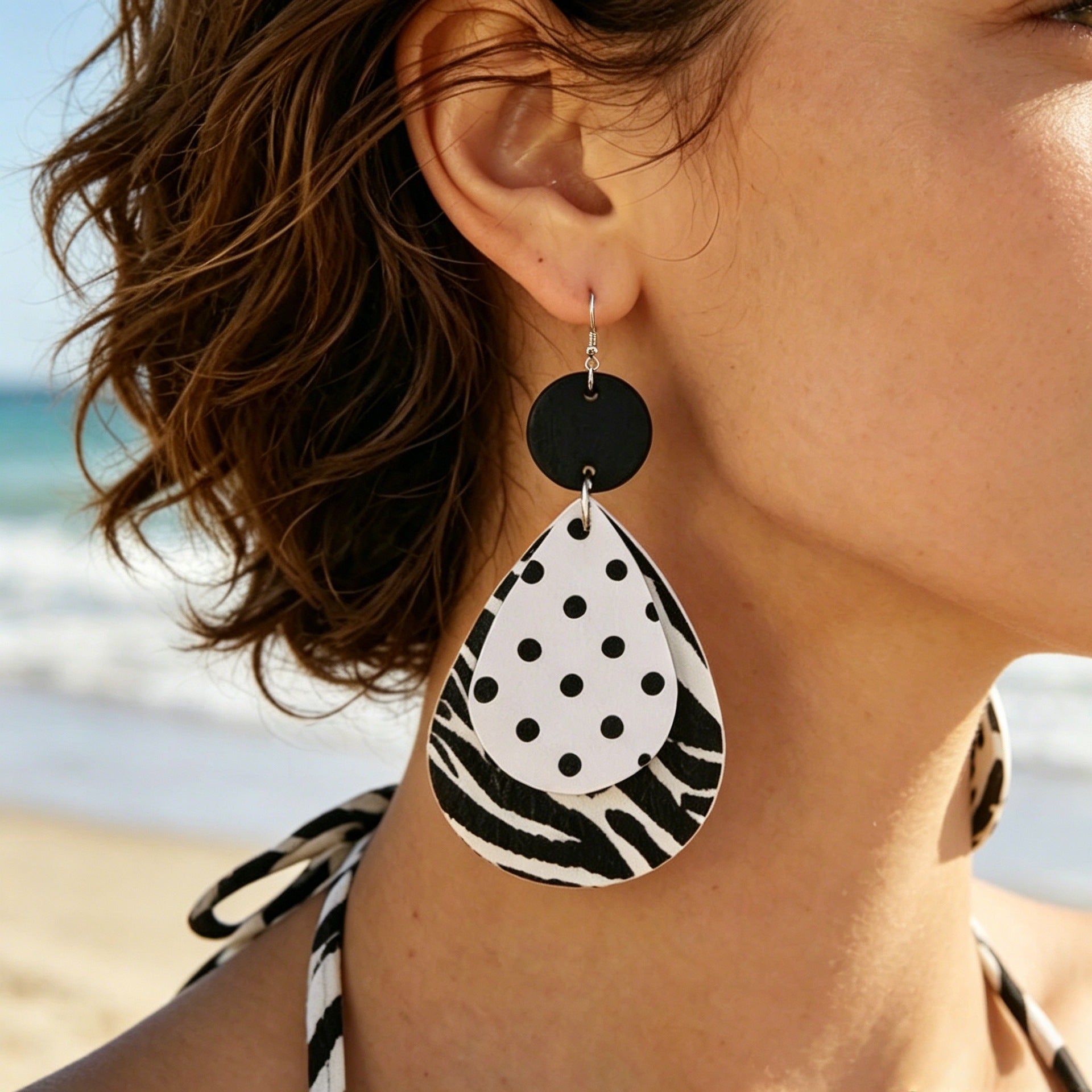 Wholesale Vintage Zebra Pattern Polka Dot Leather Earrings Party Wear Fashion Accessory