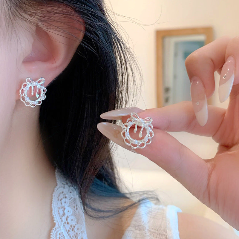 Wholesale Plain Silver Heart Lace Bow Earrings Three-Piece Set Silver Needle Earrings