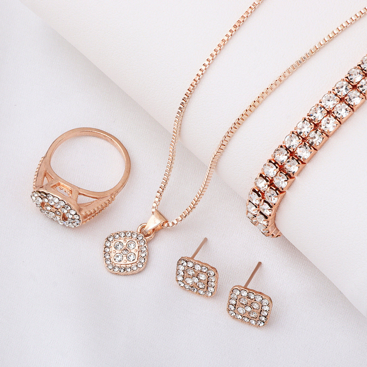 Wholesale light luxury diamond geometric necklace ring earring 4-piece set  jewelry set