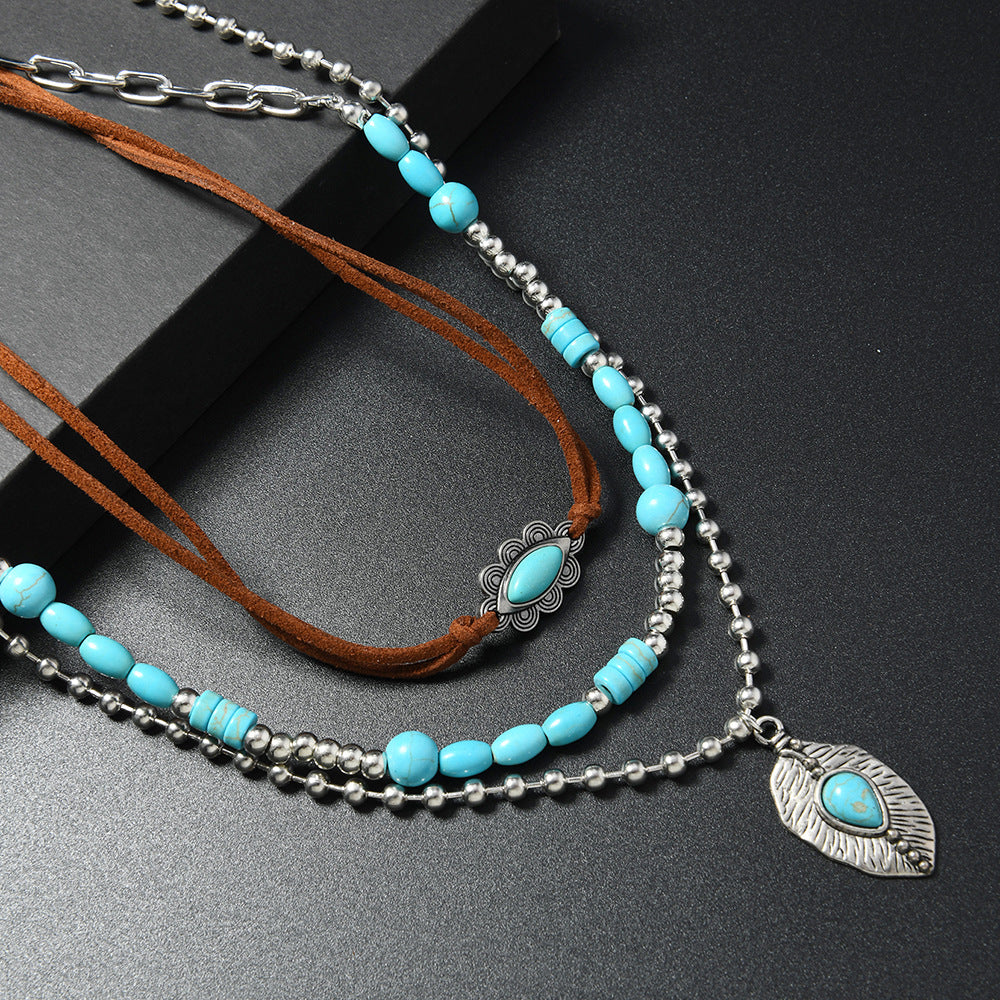 Wholesale Handmade Vintage Turquoise Multi Layer Necklace Set For Women Long Layered Sweater Chain Pendant Stylish Fashion Accessory Gift