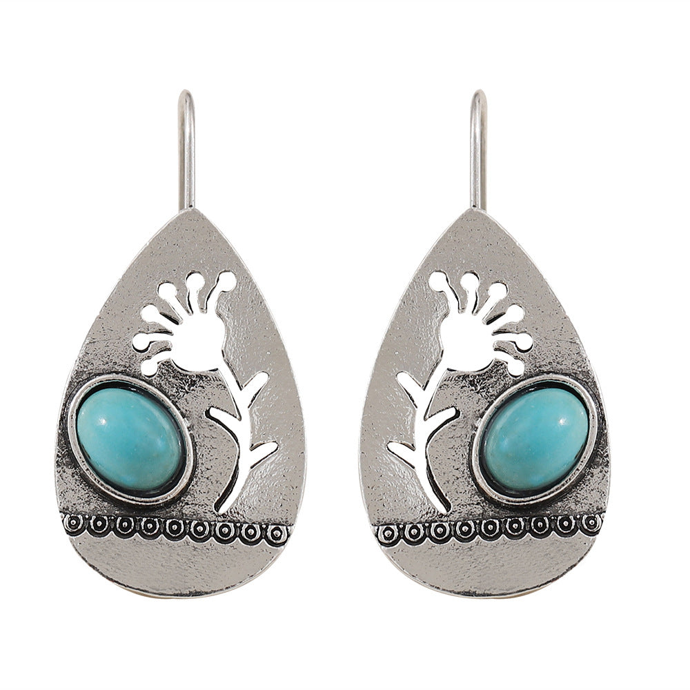 Wholesale Retro Drop-shaped Hollow Flower Turquoise Earrings - Everyday Fashion Accessory