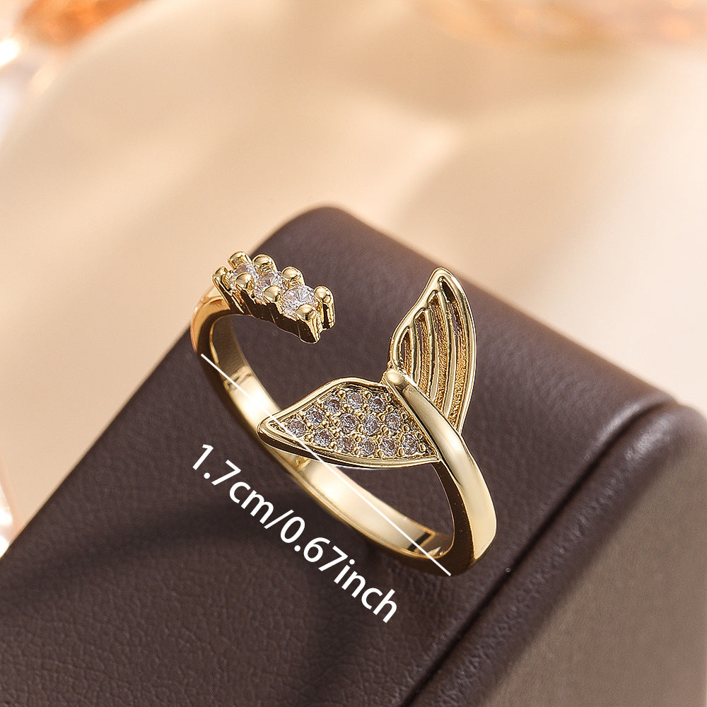 Wholesale Fashion Gold Copper Zircon Adjustable Fish Tail Hollow Ring For Women Minimalist Japanese Light Luxury Jewelry Accessory