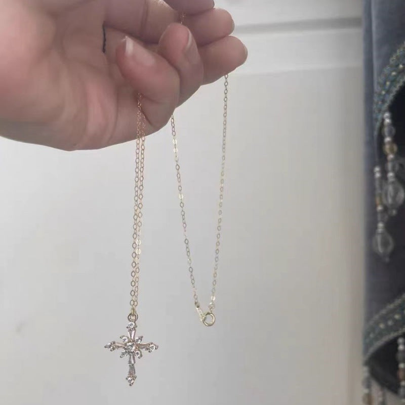 Wholesale 18K Gold Inlaid Zirconia Cross Clavicle Necklace