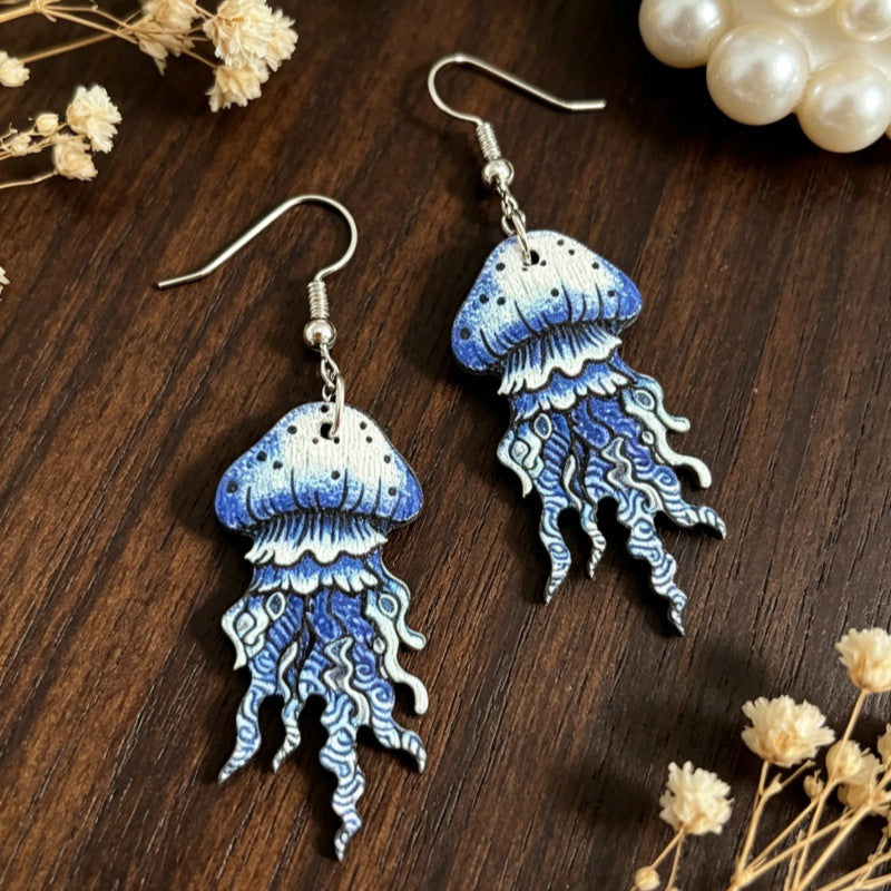 Wholesale Vintage Wooden Earrings Blue White Jellyfish Ocean Gradient Boutique Resale
