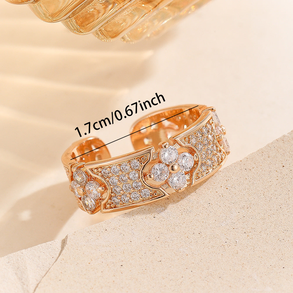 Wholesale Gold Electroplated Copper Four Leaf Clover Open Ring With Zircon Stylish Women S Fashion Jewelry Gift