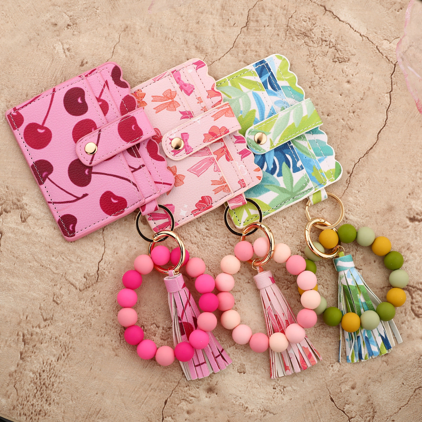 Wholesale  silicone bead bracelet printed card holder Wristlet Keychain