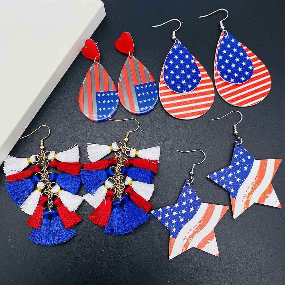Wholesale  Tassel Independence Day Earrings Set Five-Pointed Star American Leather Earrings