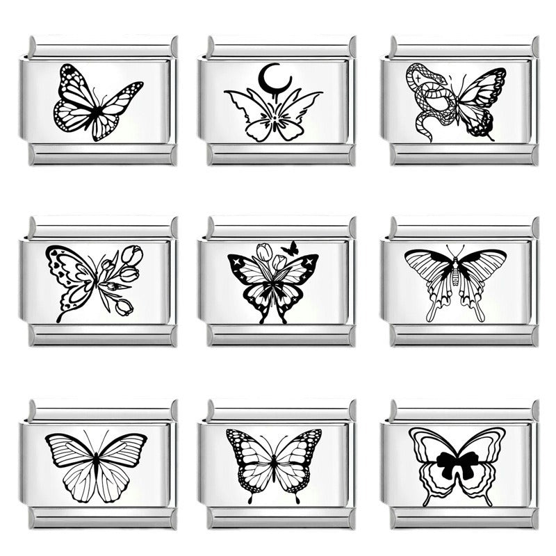 Wholesale Italian Charm Bracelet 9mm DIY Splicing Black and White Lettering Butterfly Titanium Steel Composable Bracelet