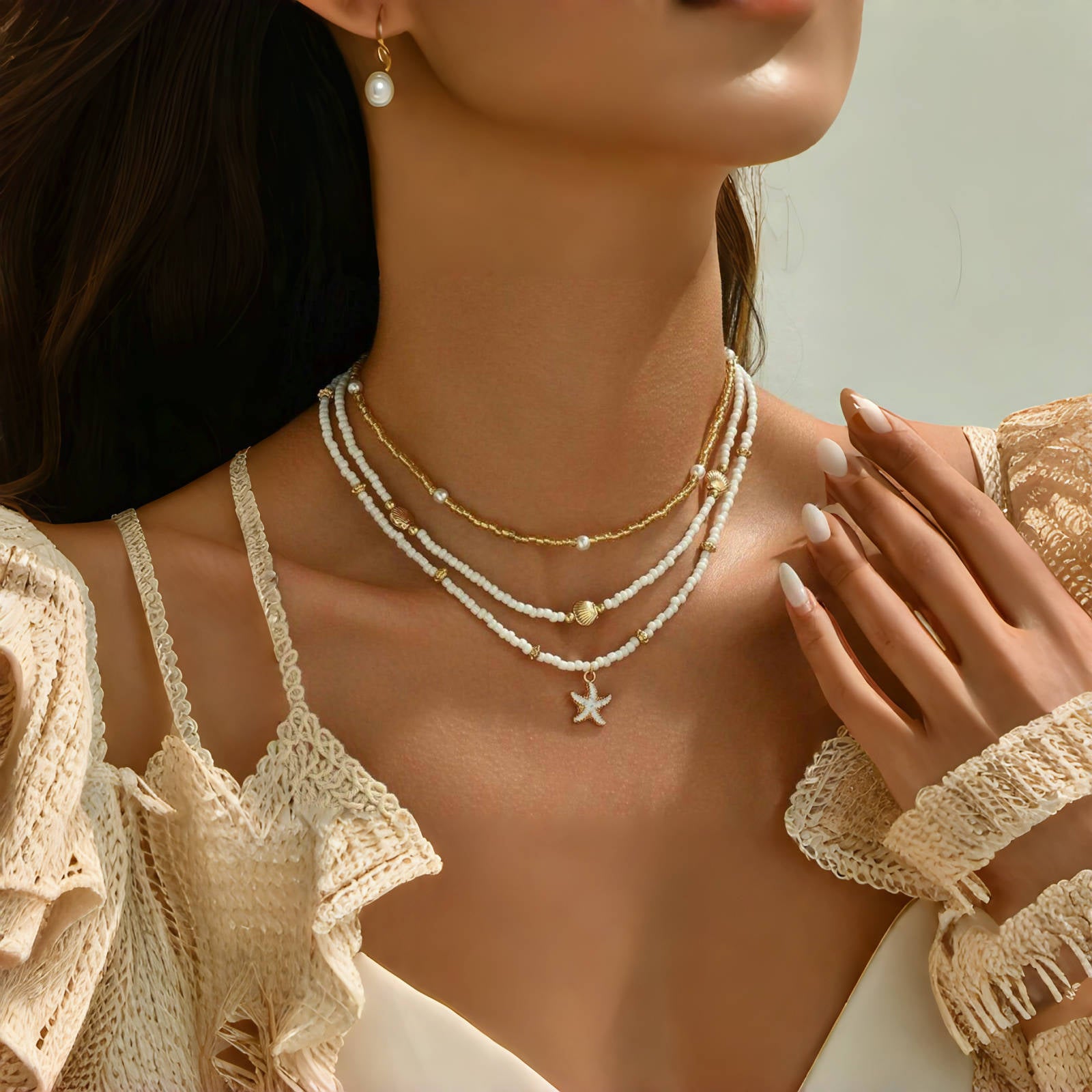 Wholesale Mixed Materials Layered Ocean Themed Necklace,  Starfish Seashell &  Imitation Pearl Charm,  Fashion Accessory for Women