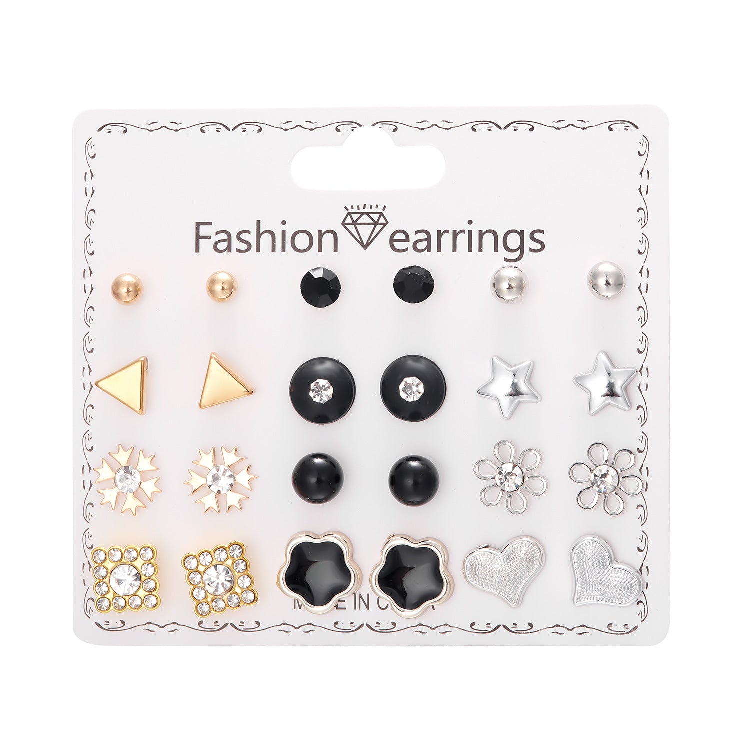 Wholesale month combination earrings 12 pairs of flowers love stars and moon diamond  earrings suit