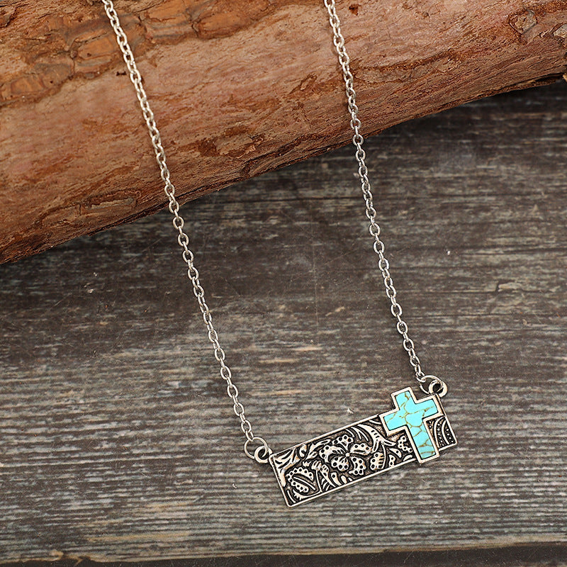 Wholesale Vintage square turquoise cactus lightning cross cowboy boots necklace