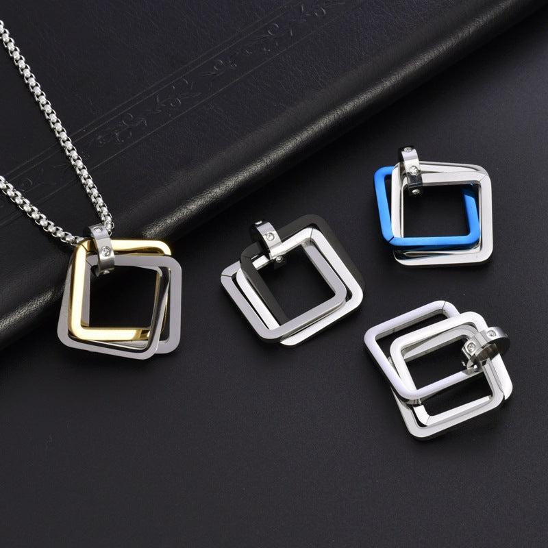 Wholesale hip hop geometric square couple three ring titanium steel Necklace
