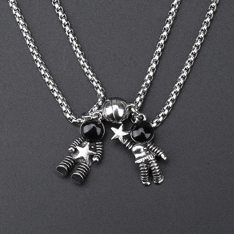Wholesale Titanium Steel Astronaut Couple Love Magnet Necklace