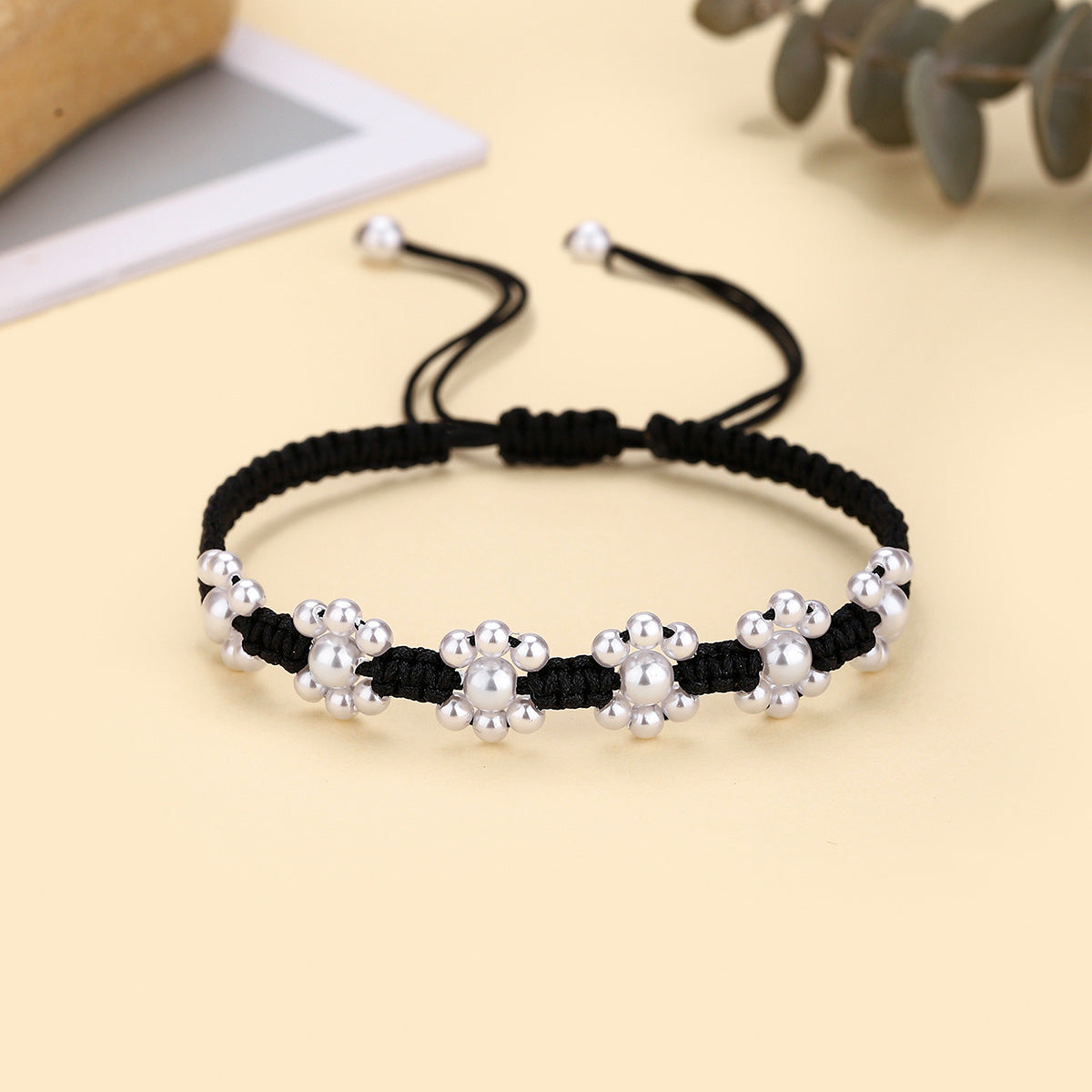 Wholesale  Pearl Handmade Woven Flat Knot Flower Bracelet