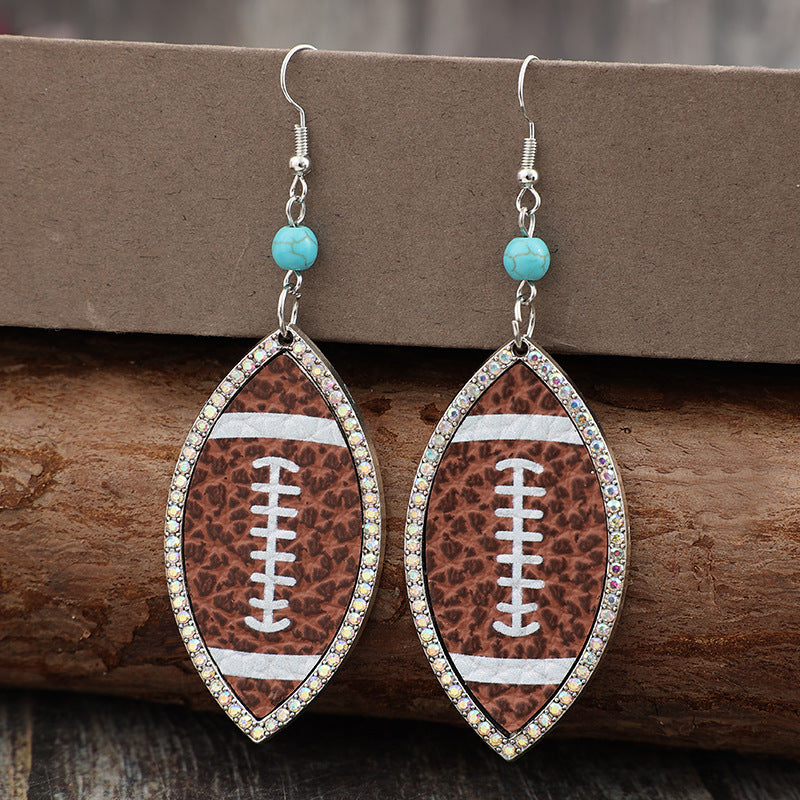 Wholesale  Retro Football Super Bowl Inlaid with Colored Diamonds Leather  Alloy Earrings