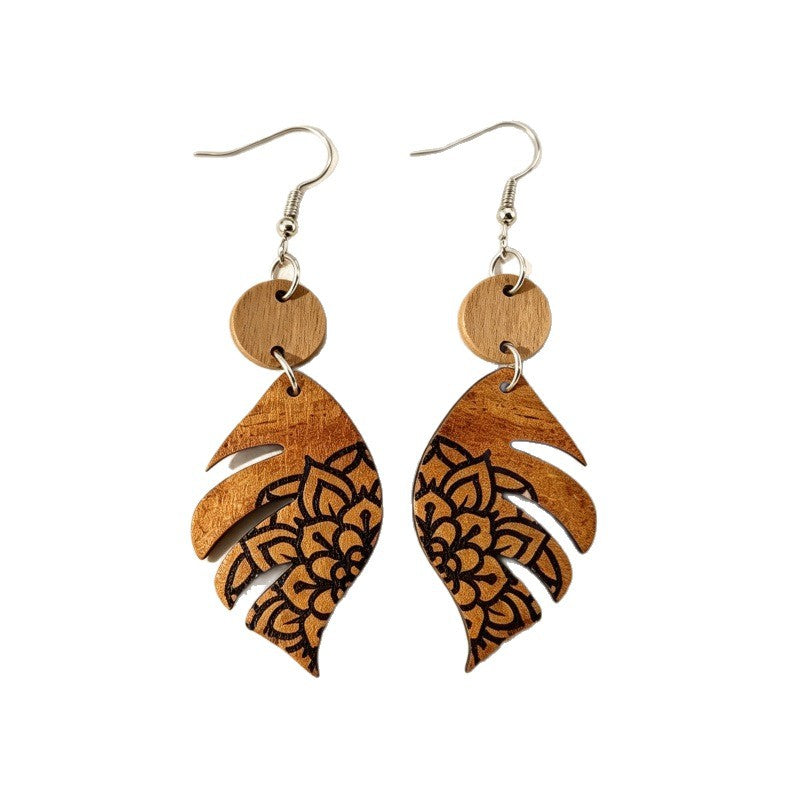 Wholesale Bohemian Wooden Earrings With Monstera Leaf Print Chic Jewelry Accessory For Party Wear And Boutique Resale