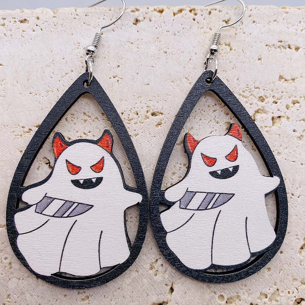 Wholesale Ghost Pumpkin Printed Pendant Earrings Halloween Wooden Earrings