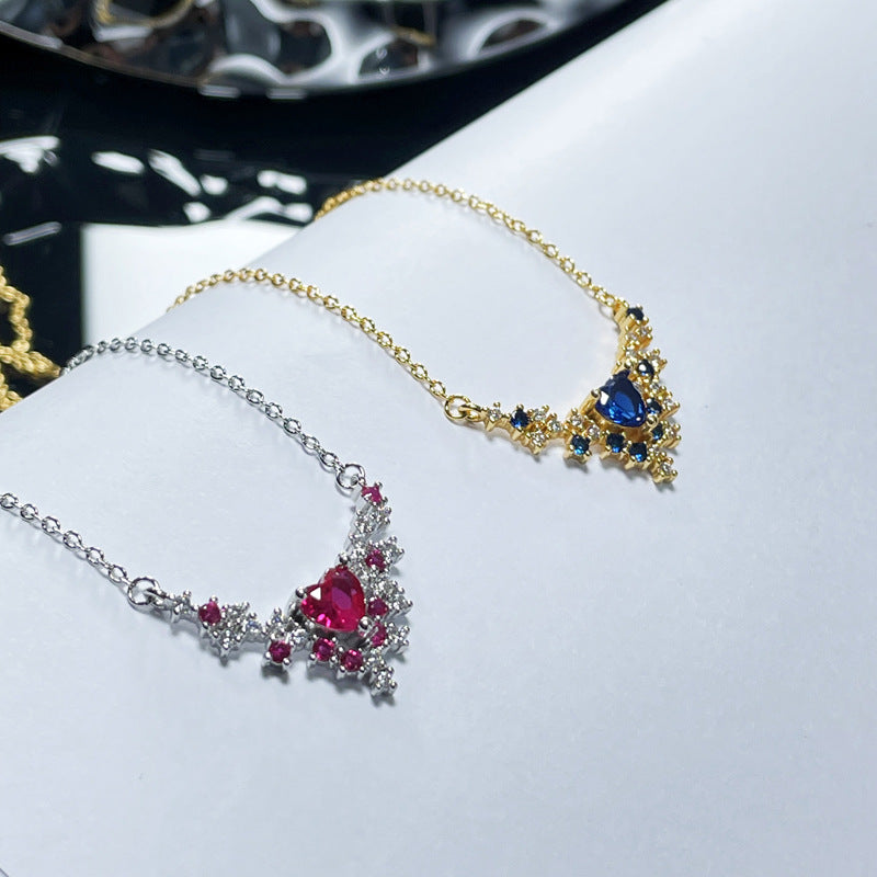 Wholesale  Light Luxury Geometric Butterfly Red and Blue Love Zircon Necklace