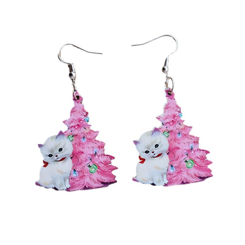 Wholesale Christmas Earrings Cute Wooden Christmas Tree Cat Earrings