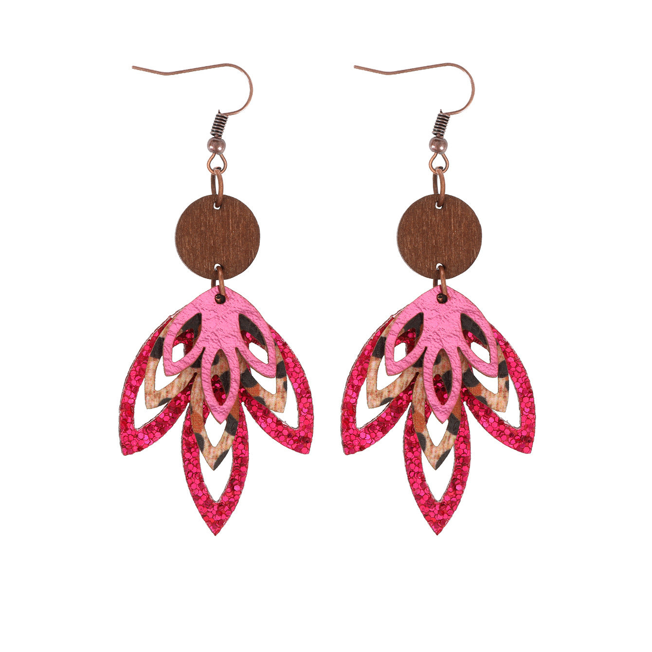 Wholesale  three-layer maple leaf shape super flash sequins fashion leather earrings