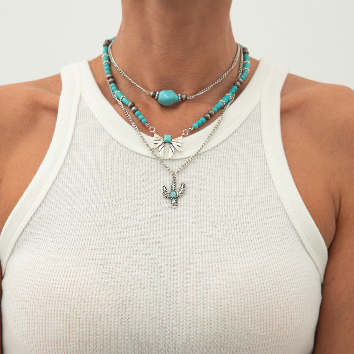 Wholesale Vintage Y-shaped tassel heart-shaped turquoise necklace