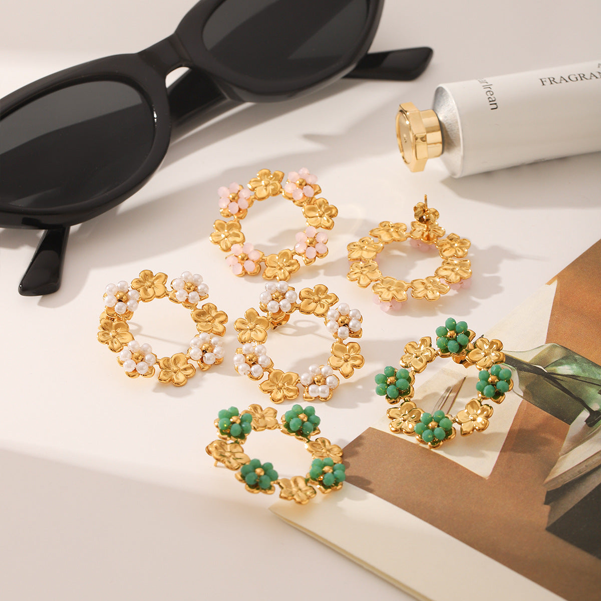 Wholesale  Stainless Steel 18K Gold Pearl Wreath Earrings