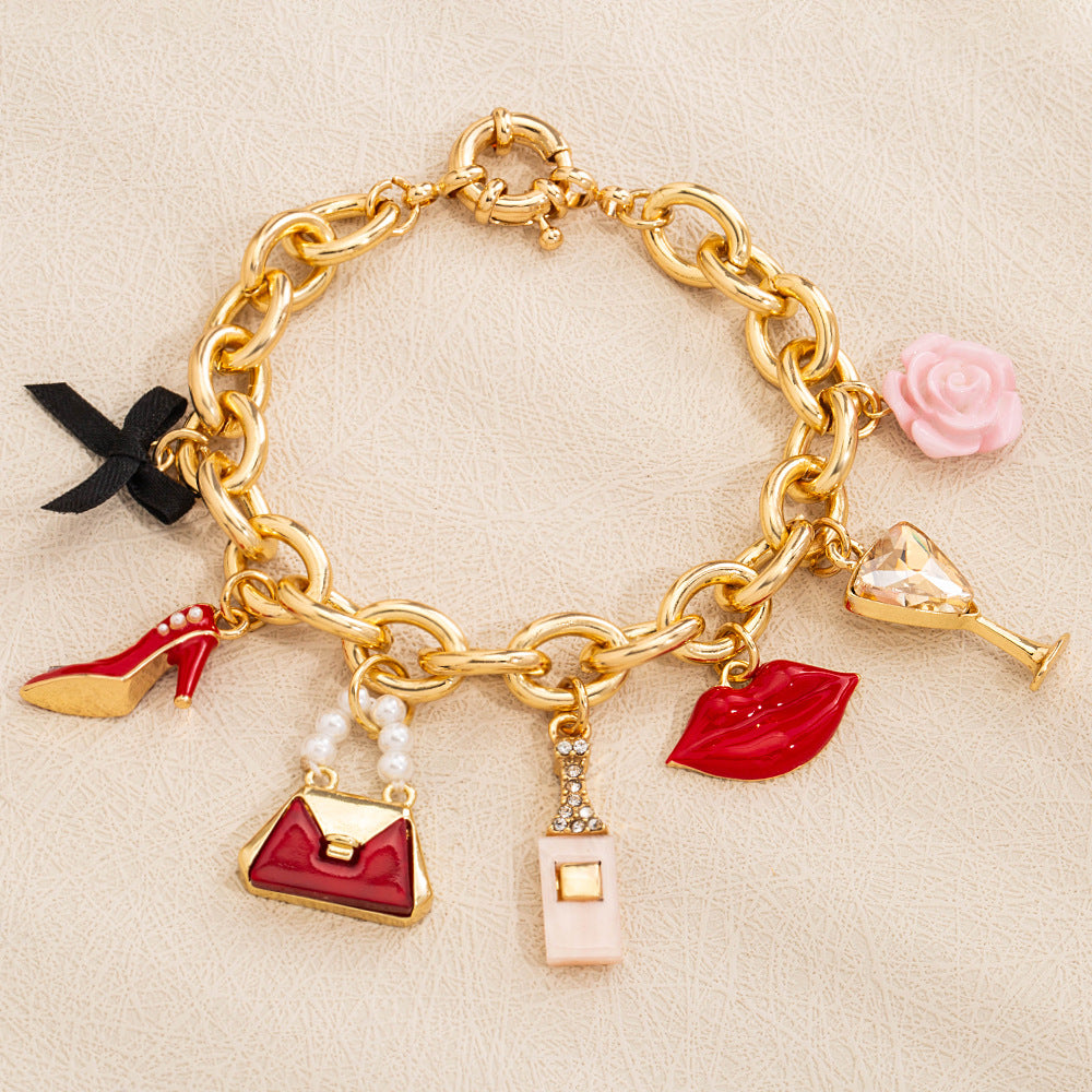 Wholesale  Light Luxury Dropping Oil Lady Lipstick Goblet Pendant Zinc Alloy Bracelet