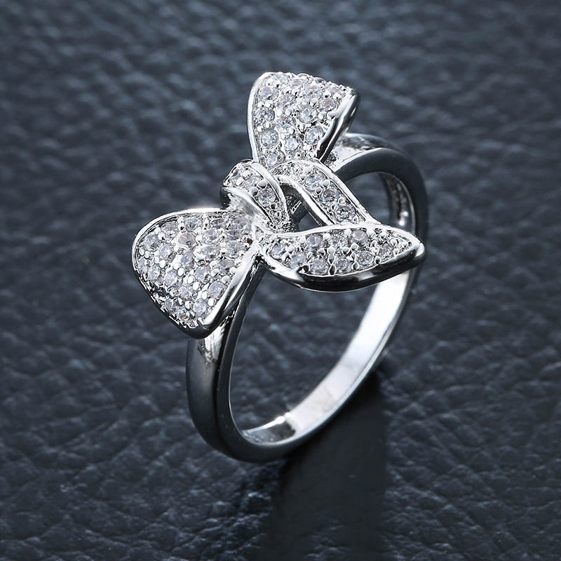 Wholesale Fashion Bow Rhinestone Ring,  Copper with Electroplated Finish,  Women' s Boutique Resale Jewelry Accessory