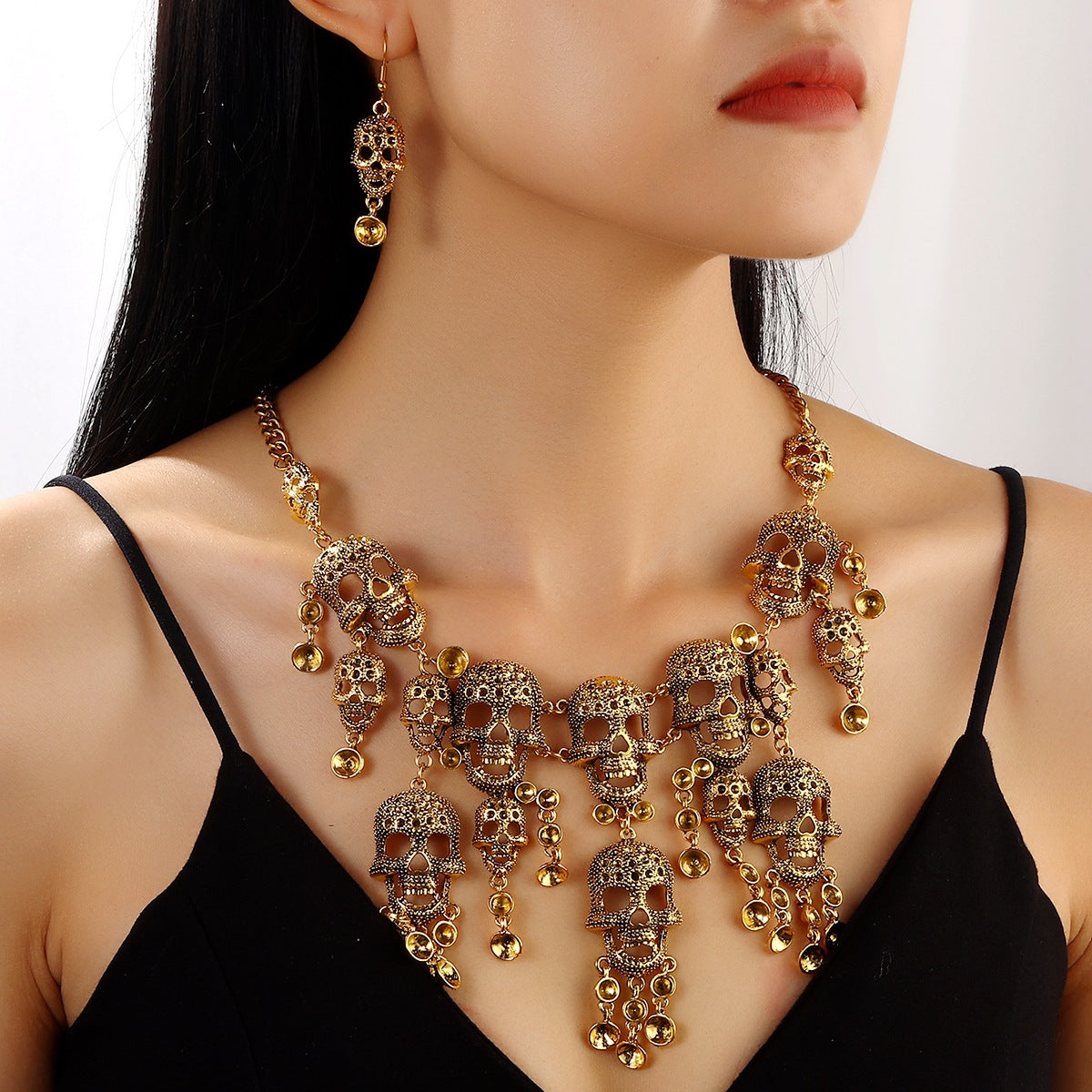 Wholesale Gold Tone Alloy Skull Jewelry Set - Punk Retro Necklace and Earrings for