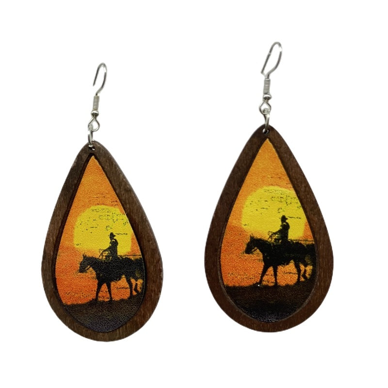 Wholesale Vintage Wood Oil Painting Style Water Drop Earrings ACC-ES-FX043