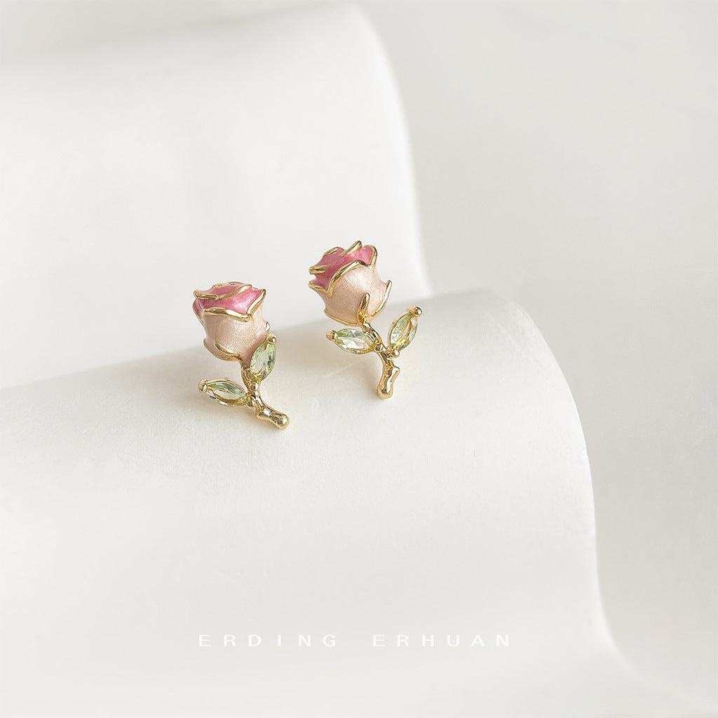 Wholesale  925 silver needle enamel drop glaze micro set zircon small rose earrings