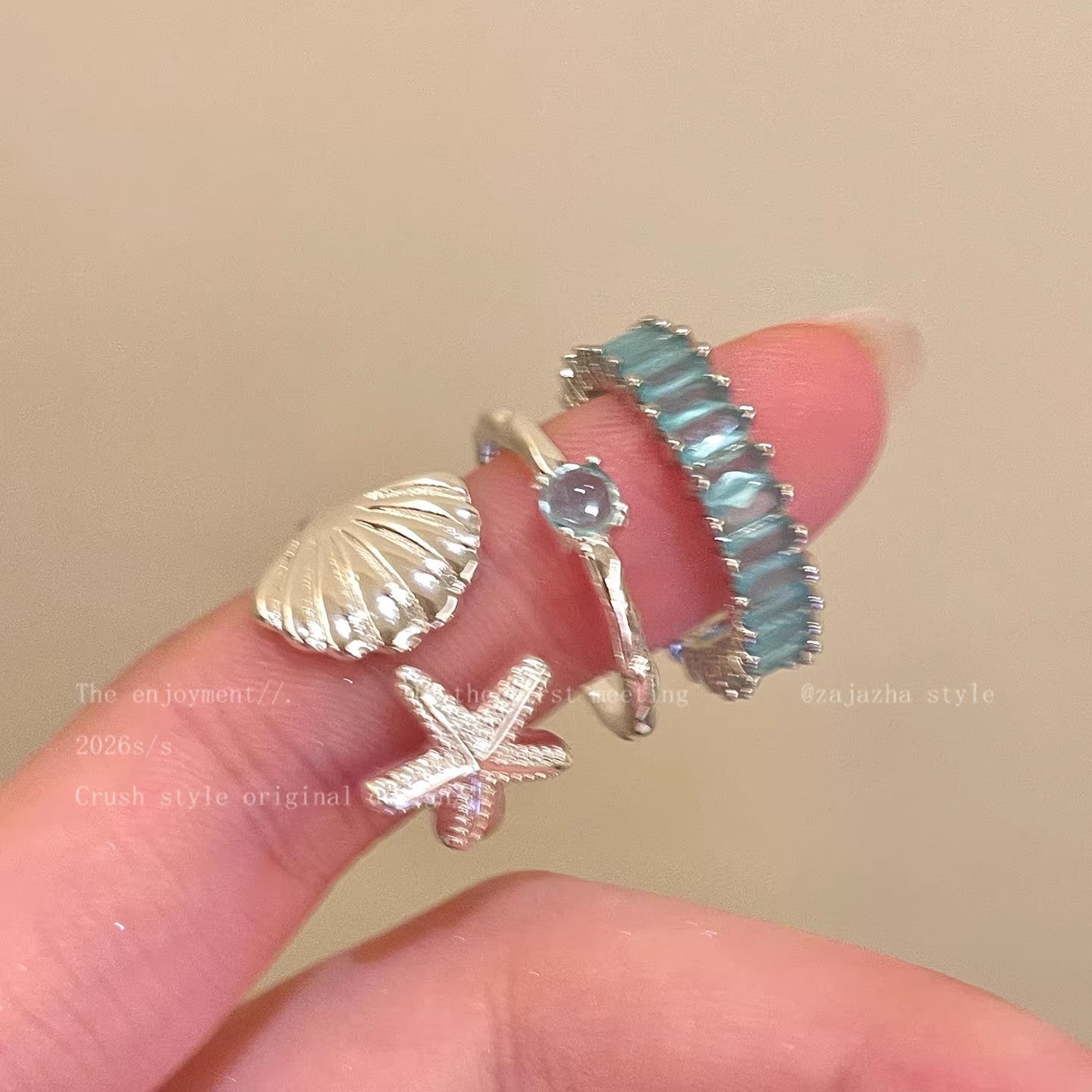 Wholesale Blue Starfish Seashell Open Ring for Women,  Trendy Coastal Vacation Style Copper Jewelry Accessory