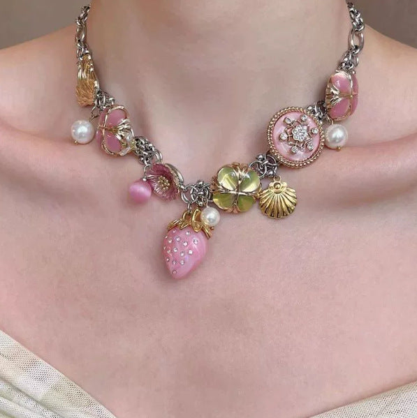 Wholesale Pink Strawberry Flower Sea Colorful Necklace