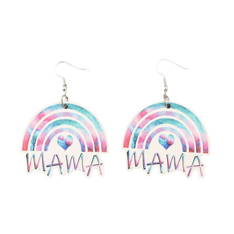 Wholesale Vintage Rainbow Printing Love Mosaic MAMA Wooden Mother's Day Earrings