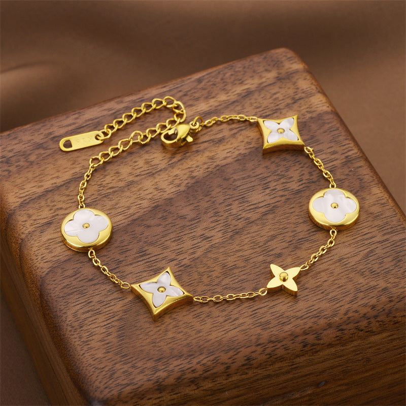 Wholesale Four Leaf Clover White Five Flower Stainless Steel Bracelet ACC-BT-Quanx001